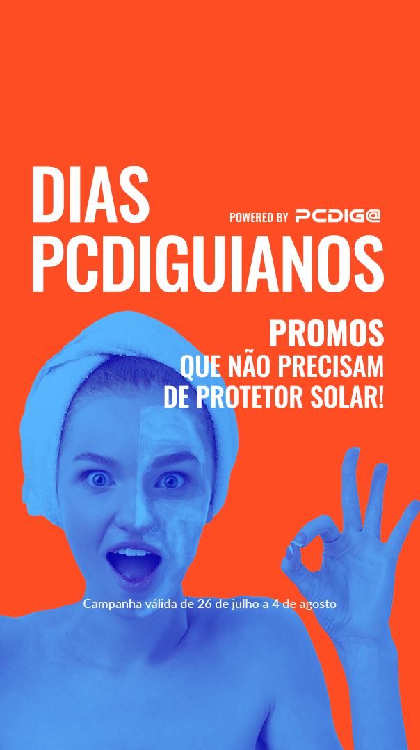 Imagem em formato vertical para homepage com destaque da campanha “Dias PCDIGUANOS”. Modelo azul com toalha na cabeça, gesto “OK” e texto branco sobre fundo laranja.