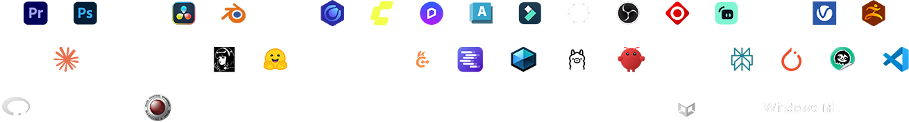 Aplicações aceleradas por RTX — Adobe Premiere, Photoshop, DaVinci Resolve, Blender, LLaMA, RAPIDS, SolidWorks, SketchUp, TensorFlow, Topaz Labs, Unity, Unreal Engine, Windows ML e muito mais
