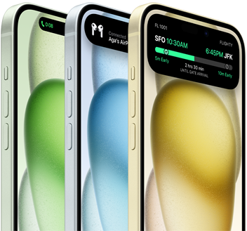 Três modelos iPhone a mostrar algumas das formas como a Dynamic Island pode apresentar informações úteis mais rapidamente no iPhone.