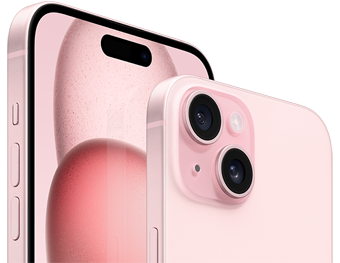 Vista frontal e traseira de um iPhone 15 em rosa