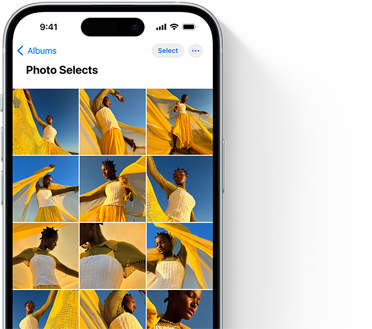 Câmara do iPhone 15 com uma série de imagens de uma pessoa a posar com um xaile amarelo ao sol para mostrar que pode tirar ainda mais fotografias com o iPhone